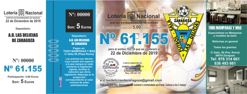Participacion de loteria de Navidad sin recargo de la AD Las Delicias de Zaragoza